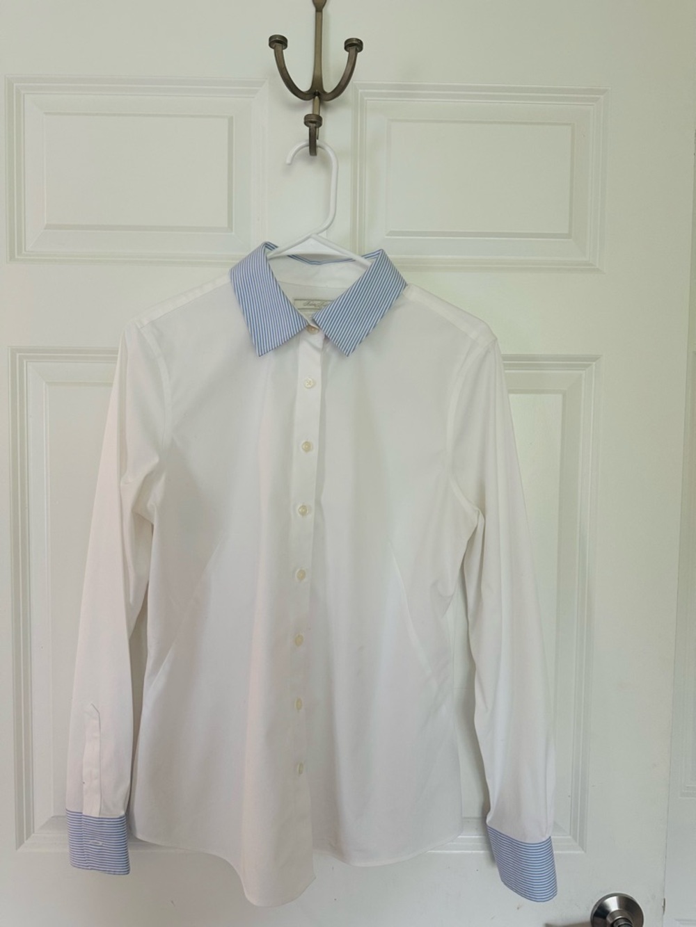 Brooks Brothers Slim Fit White Button-Down Shirt with Blue Stripe Collar & Cuffs